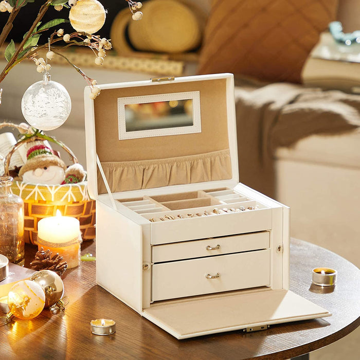 Schmuckkasten, Schmuckkästchen mit 2 Schubladen, abschließbarer Schmuck-Organizer mit Spiegel, herausnehmbare Reise-Box, für Ringe, Armbänder