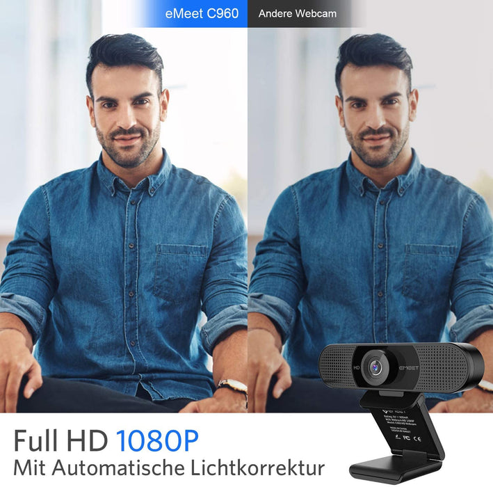 Full HD Webcam - C960 1080P Webcam mit Objektivabdeckung & Dual Mikrofon, 90 ° Streaming Kamera mit Automatische Lichtkorrektur