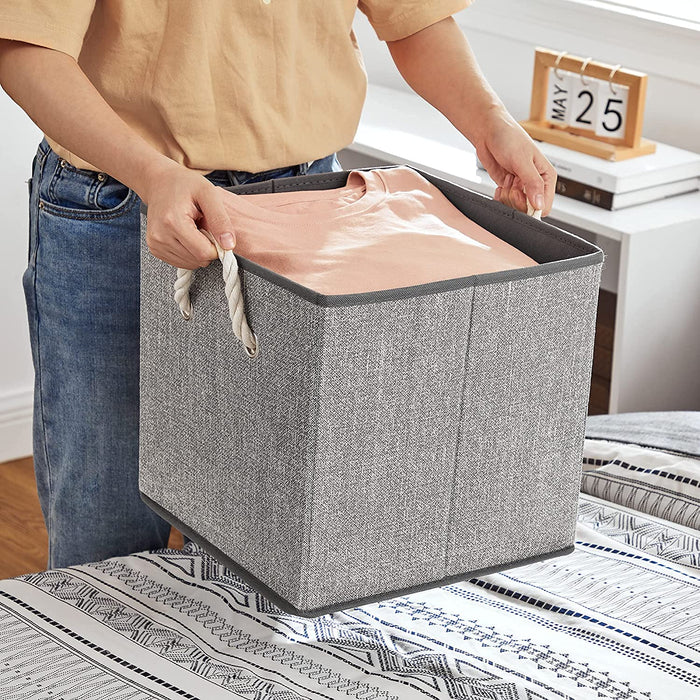 Aufbewahrungsboxen, 3er Set, Stoffboxen ohne Deckel, mit Griffen, 30 x 30 x 30 cm, Leinenoptik, grau