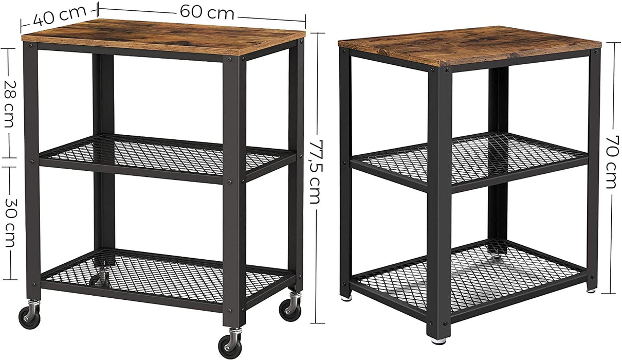Servierwagen, Küchenwagen, Rollwagen, Küchenregal auf 4 Rollen, Stahlgestell, 3 Ablagen, für Küche und Wohnzimmer, Industrie-Design, vintagebraun