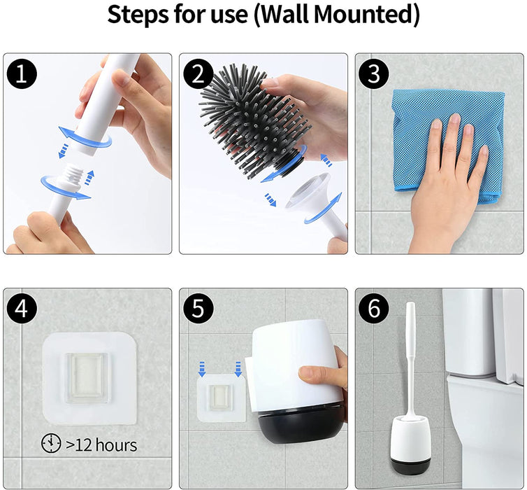 Toilettenbürste, Klobürste Silikon mit Halter, WC Bürste Wandmontage & Stehen, Ohne Bohren Langer Stiel Schnell Trocknendem Klobürsten für Badezimmer