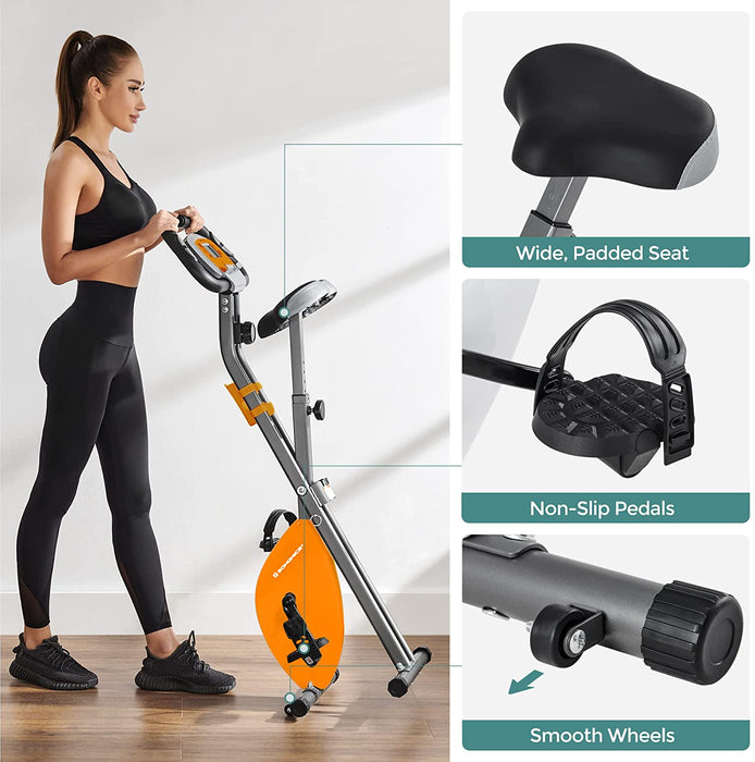 Heimtrainer, Fitnessbike, zusammenklappbares Fitnessfahrrad, 8 magnetische Widerstandseinstellungen, mit Bodenmatte, Pulsmessung, Handyhalterung