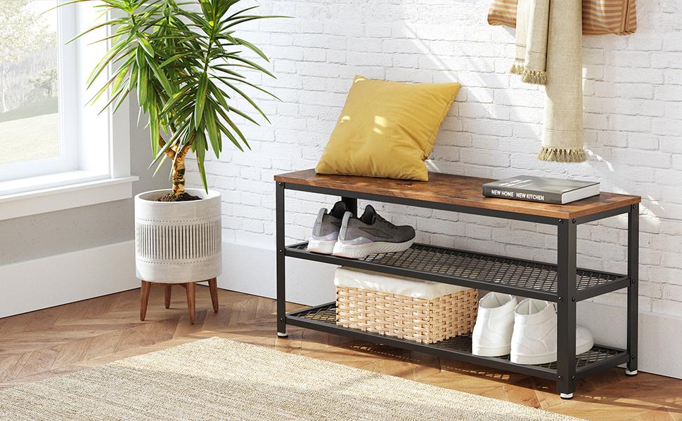Schuhbank, Schuhregal mit 2 Ablagen, Aufbewahrung für Schuhe, 100 x 30 x 45 cm, für Eingangsbereich, Flur, Wohnzimmer, Metallgestell, Industrie-Design