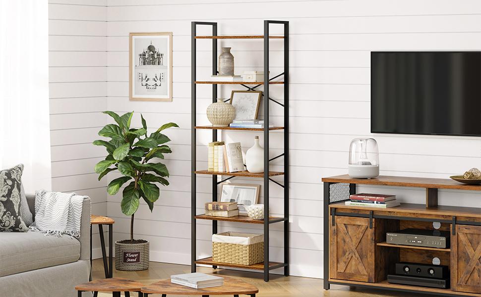 Bücherregal mit 6 Ebenen, Aufbewahrungsregal, Stahlgestell, für Wohnzimmer, Arbeitszimmer, Büro und Flur, 66 x 30 x 186 cm, vintagebraun-schwarz