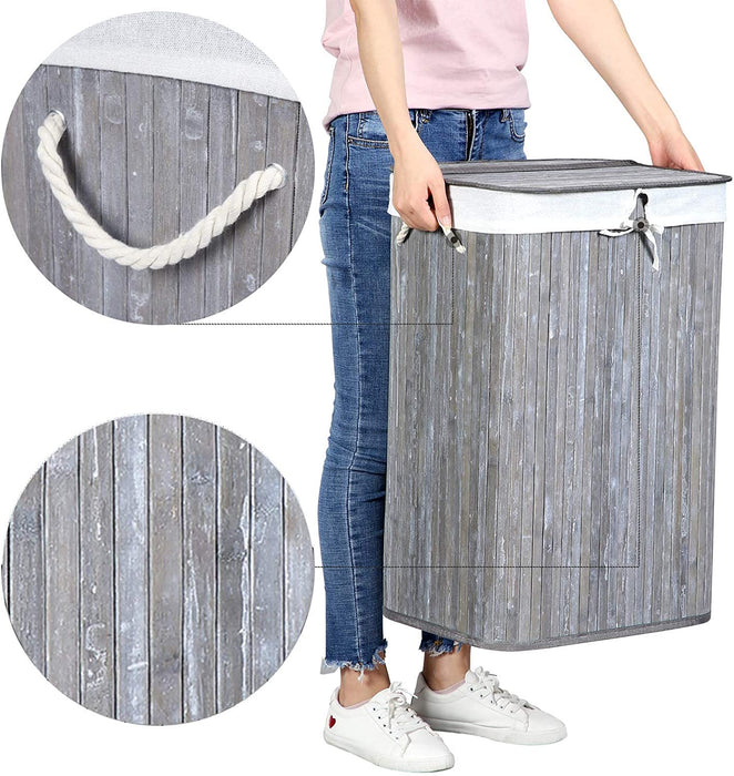 Wäschekorb 72 L, Wäschesammler aus Bambus, Wäschetruhe mit Griffen, Deckel mit Clips, faltbar, Wäschesack herausnehmbar, Vintage, grau