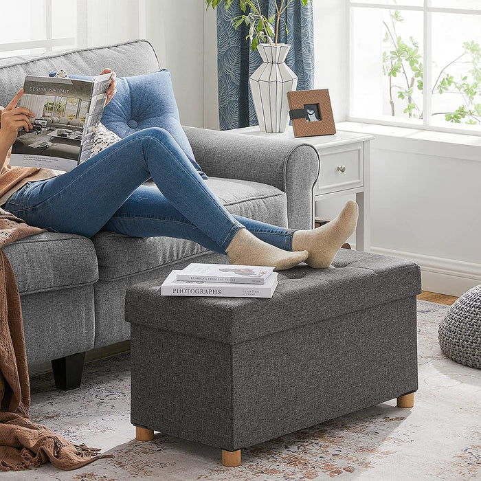 Sitztruhe Sitzhocker Fußhocker mit Stauraum und Deckel mit Holzfüßen, 76 x 38 x 40 cm dunkelgrau