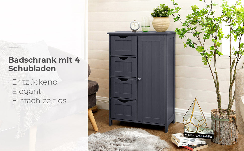 Badezimmerschrank, schmaler Badschrank, Beistellschrank, Kommode, mit 4 Schubladen, Schranktür, verstellbare Regalebene, Wohnzimmer, Küche, Flur