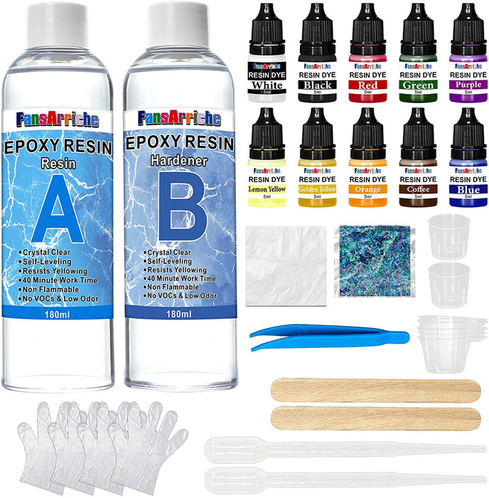 Epoxidharz Set Anfänger 360ml/385g, Glasklar Kunstharz Gießen Epoxy Resin Gießharz Mit Epoxidharz Farbe, Glitzer, Holz Stäbchen, Handschuhe...