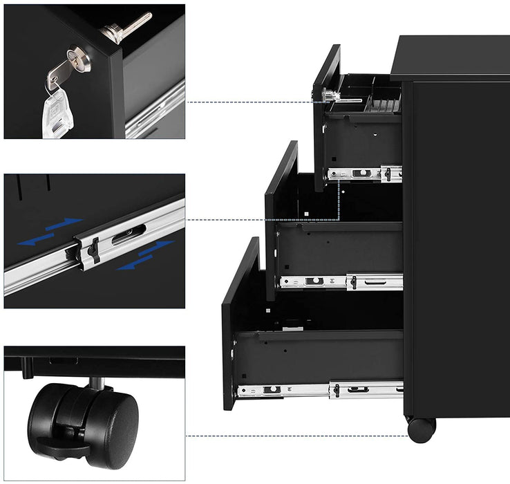 Rollcontainer, Aktenschrank aus Stahl, abschließbar, mit 3 Schubladen, Aufbewahrung von Akten, Dokumenten, Büroutensilien, vormontiert, Büro