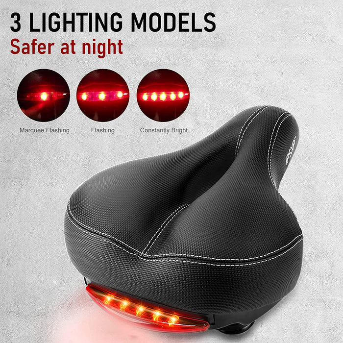 Fahrradsattel, IPSXP Weicher Fahrrad Sattel mit Rücklicht, Breit Leder MTB Sattel mit Stoßfestem Feder- und Stanzschaumsystem, Wasserdicht Fahrradsitz