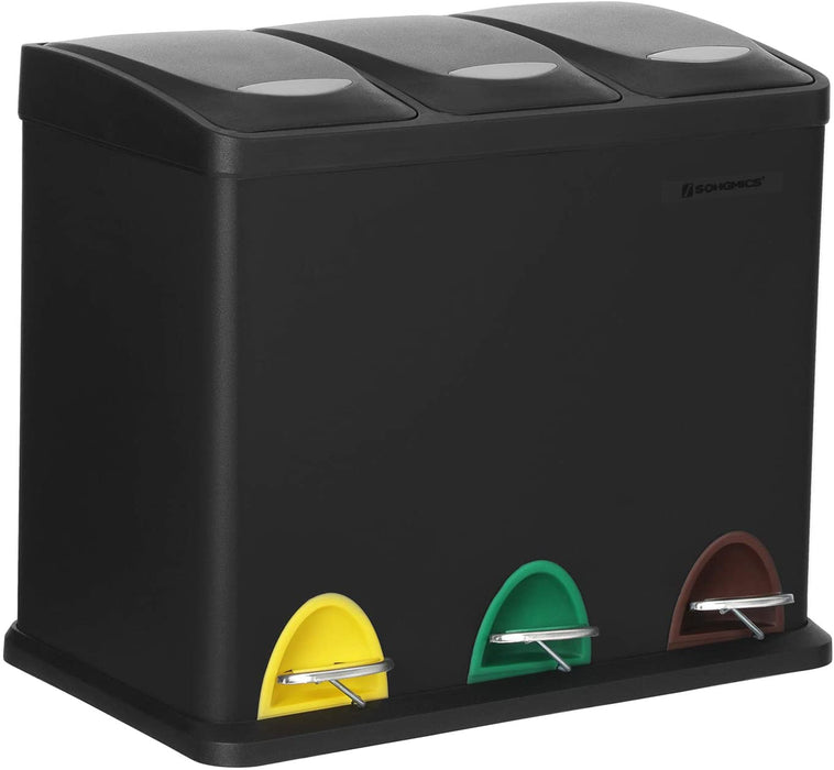 Mülleimer für die Küche, Treteimer aus Metall, 3-in-1 Abfalleimer, 24 Liter, Mülltrennung, Mülltrennsystem, einfach zu reinigen, Stahl, schwarz