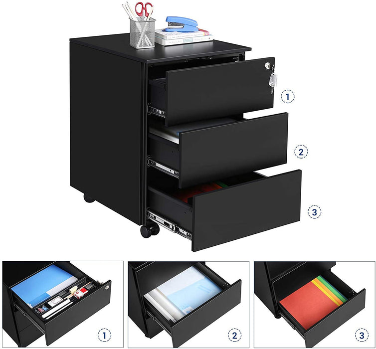 Rollcontainer, Aktenschrank aus Stahl, abschließbar, mit 3 Schubladen, Aufbewahrung von Akten, Dokumenten, Büroutensilien, vormontiert, Büro