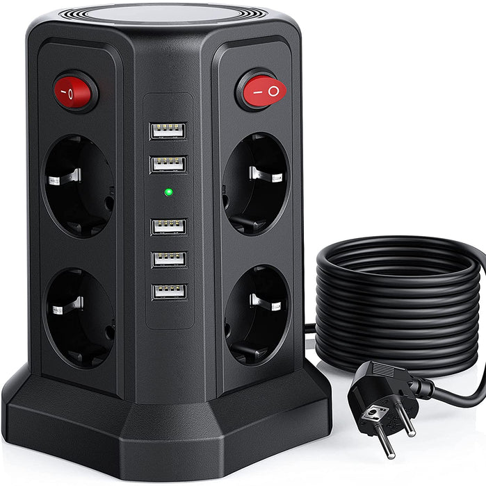 8 Fach Steckdosenleiste mit 3M Kabel, Mehrfachsteckdose mit 5 USB 12W, Steckdosenturm mit 4 Schalter, Steckdosenleiste überspannungsschutz
