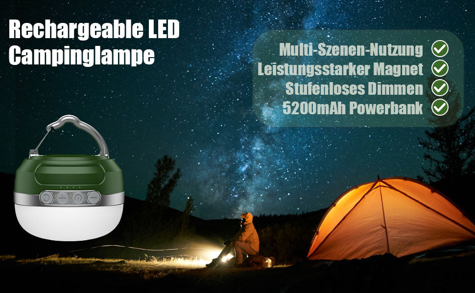 Camping Lampe mit RGB Farbwechsel, LED Camping Laterne mit 5200mAh USB Aufladbar, 6 Helligkeiten Leuchtmodi & Eingebauter Starker Magnet & Stufenlos