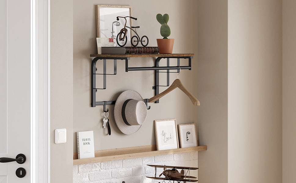 Wandgarderobe mit Ablage, Wandregal mit 5 abnehmbaren Haken, wandmontiertes Hängeregal mit Hängestange, für Flur, Schlafzimmer