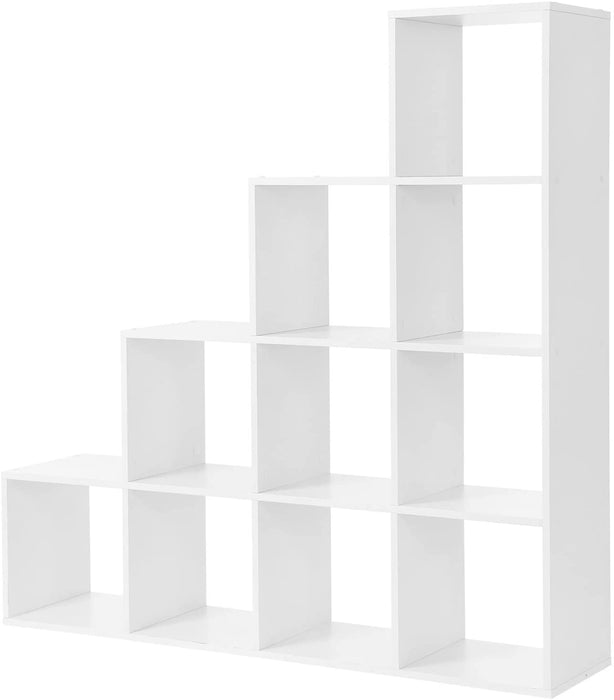 Bücherregal, Treppen, 10 Würfel-Fächer, Ausstellungsregal aus Holz, freistehendes Regal, Raumteiler, Weiß