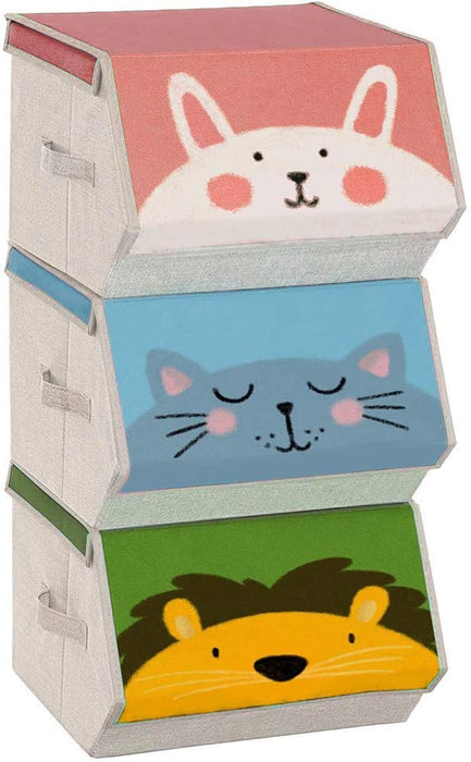 Aufbewahrungsboxen, 3er Set, Faltboxen, Stoffboxen mit Griffen, Spielzeug-Organizer, magnetischer Deckel, für Kinderzimmer, Spielzimmer, Tier-Motive