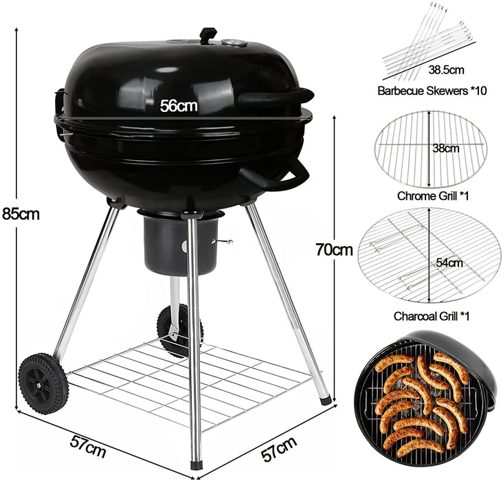 Holzkohlegrill, Durchmesser 56 cm, Grillwagen mit 2 Rosten, 2 Räder, BBQ Kugelgrill für Camping, Gartenparty und Familienferien (Schwarz)