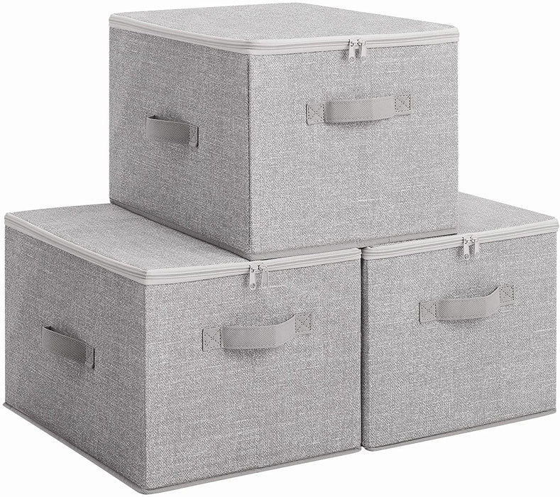 Aufbewahrungsbox mit Deckel, 3er Set, faltbare Stoffbox mit Griffen, Aufbewahrung für Kleidung und Spiegelzeug, hellgrau