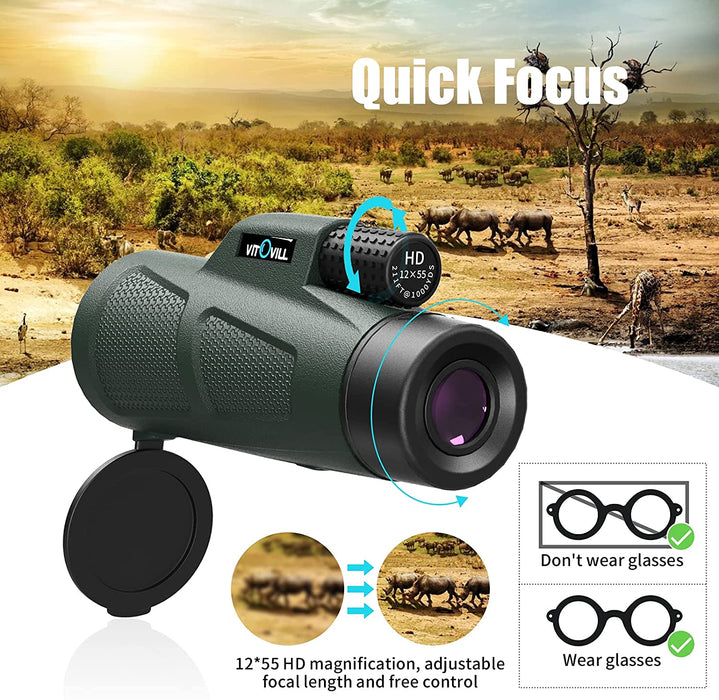 Monokular Teleskop, Vitovill 12x55 HD Starscope Monokulare Fernrohr Wasserdicht mit Smartphone Halter & Stativ, BAK4-Prisma und FMC, Teleskop