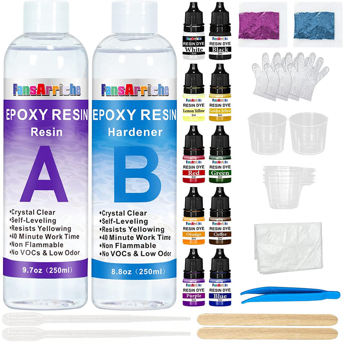Epoxidharz Set Anfänger 500ml, Glasklar Epoxy Resin Gießharz Mit Epoxidharz Farbe, Glitzer, holzstäbchen, Handschuhe, messbecher, für Kunstprojekt