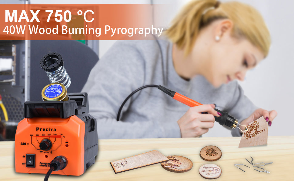 Brandmalstation - Preciva Brennkolben Set mit 20-teilig Spitz, Temperatur Einstellbar 250℃ - 750 ℃, Brandmalkolben für Holz, Leder und Kork