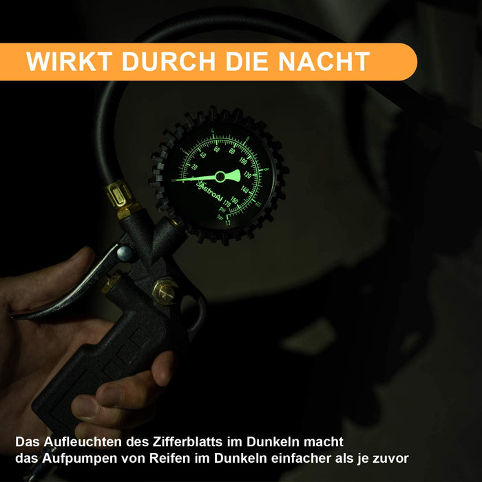 3-IN-1 Reifenfüller mit großem Leuchtende Zifferblatt Reifenfüll-Messgerät(Manometer-Messbereich 0-12Bar 170 PSI) Reifendruckprüfer Luftdruckprüfer
