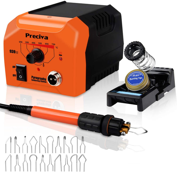 Brandmalstation - Preciva Brennkolben Set mit 20-teilig Spitz, Temperatur Einstellbar 250℃ - 750 ℃, Brandmalkolben für Holz, Leder und Kork