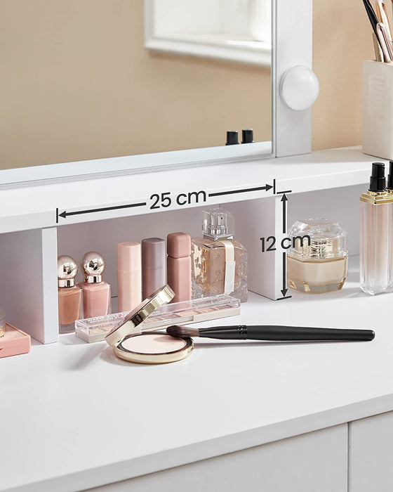 Schminktisch mit LED Beleuchtung, Frisiertisch mit Spiegel, Kosmetiktisch mit 2 Schubladen und 3 offenen Fächern, Frisierkommode, für Make-up, modern