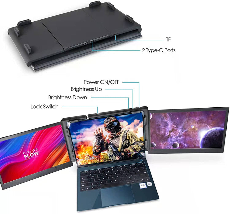 Tragbarer Monitor für Laptop, 13,3" Full HD IPS Display, Tri-Screen Monitor Screen Extender, HDMI/USB-A/Type-C Plug and Play für Windows Chrome & Mac, Funktioniert mit 13"-17" Laptops