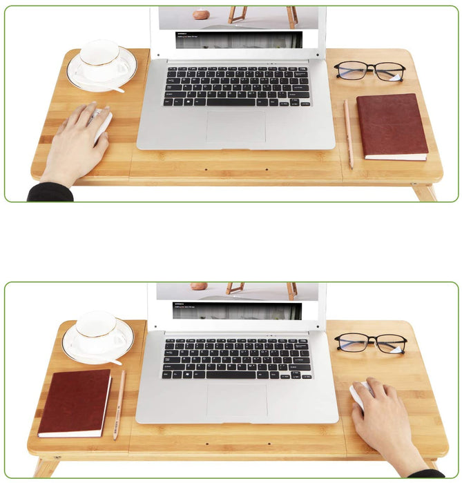 Laptoptisch, klappbarer und höhenverstellbarer Notebooktisch, mit Lüftungslöchern, für Links- und Rechtshänder, Betttisch aus Bambus mit Schublade
