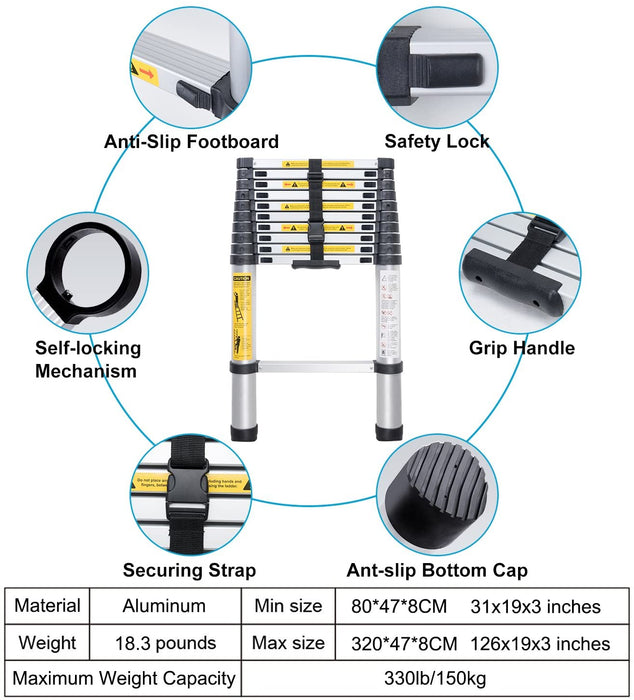 3,2M Teleskopleiter, Rutschfester Klappleiter Stehleiter Mehrzweckleiter aus hochwertiges Aluminium, 150 kg/330 Pfund Belastbarkeit, Schwarz