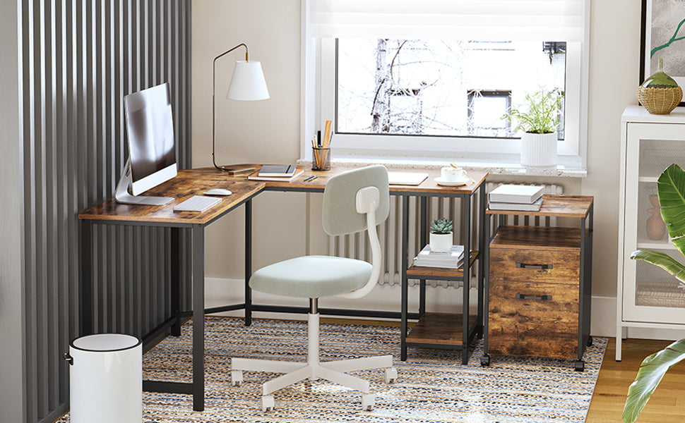 Schreibtisch, L-förmiger Computertisch, Eckschreibtisch mit 2 Ablagen, platzsparender Bürotisch im Industrie-Design, Gaming, einfacher Aufbau