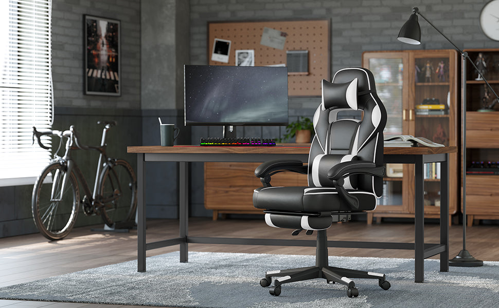 Gamingstuhl, Schreibtischstuhl mit Fußstütze, Bürostuhl mit Kopfstütze und Lendenkissen, höhenverstellbar, ergonomisch, 90-135° Neigungswinkel