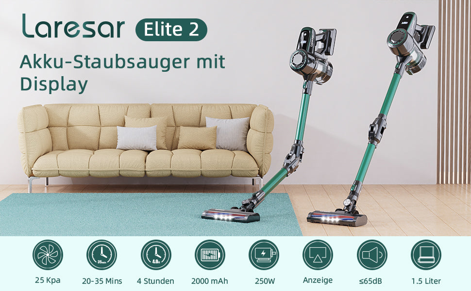 Elite2 Akku Staubsauger, 4-in-1-Staubsauger beutellos kabellos mit Display LED-Leuchten beleuchten den Boden 25.000 Pa Saugleistung Faltbarer