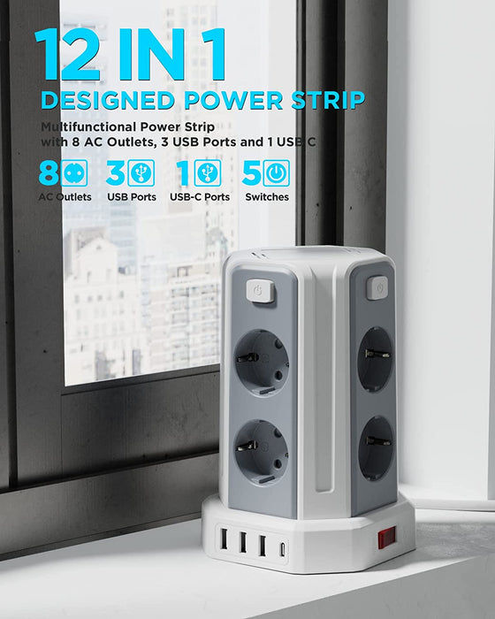 8 Fach Steckdosenleiste mit 3M Kabel, Mehrfachsteckdose mit 3 USB A, 1 USB C, Steckdosenturm mit 5 Schalter, Steckdosenleiste Überspannungsschutz