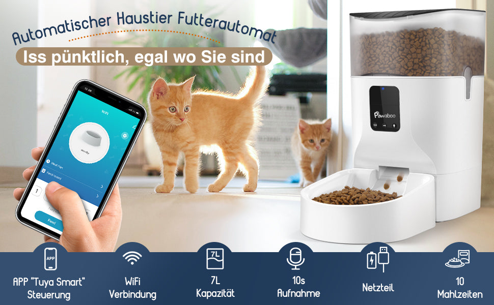 7L Automatischer Futterspender, WiFi Haustier Futterautomat mit Timer Automatisierte Futterspender APP Fernbedienung Smart Pet Feeder Trockenfutter