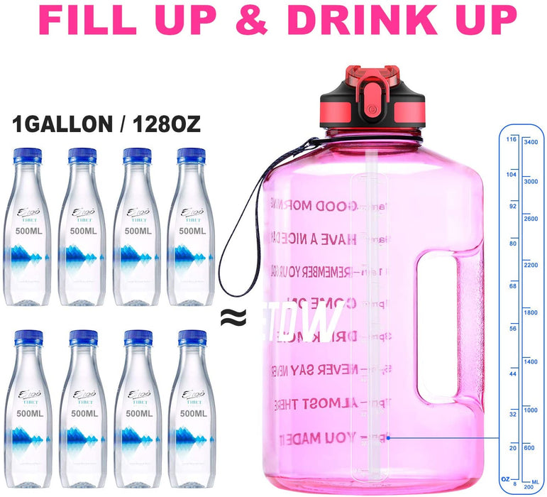 3,78 Liter Trinkflasche Sport mit Zeitangaben und Strohhalme, 3,78L Groß Sportflasche BPA Frei, Auto Wasserbehälter Auslaufsicher Sportflasche (Pink 3,78L)