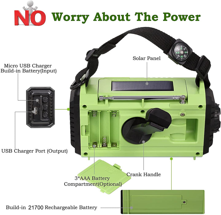 AM/FM/SW Baustellenradio Kurbelradio, Tragbares 5-Wege Wetter Solar Radio, Dynamo Handkurbel, Power Bank, LED Camping Licht, SOS-Alarm, Kompass (Grün)