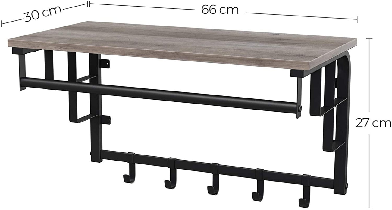 Wandgarderobe mit Ablage, Wandregal mit 5 abnehmbaren Haken, wandmontiertes Hängeregal mit Hängestange, für Flur, Schlafzimmer, Badezimmer