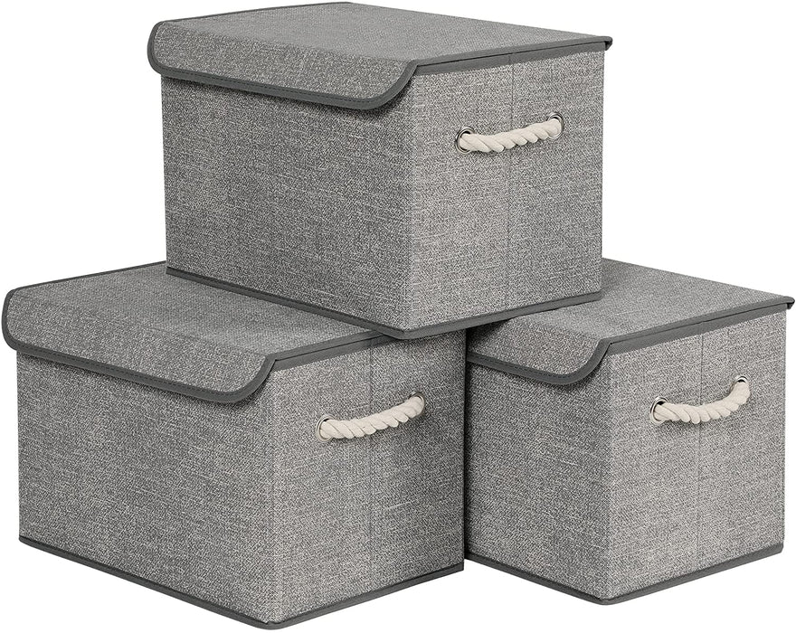 Aufbewahrungsboxen, 3er Set, Stoffboxen mit Deckel, Griffe aus Baumwolle, Leinenoptik, grau