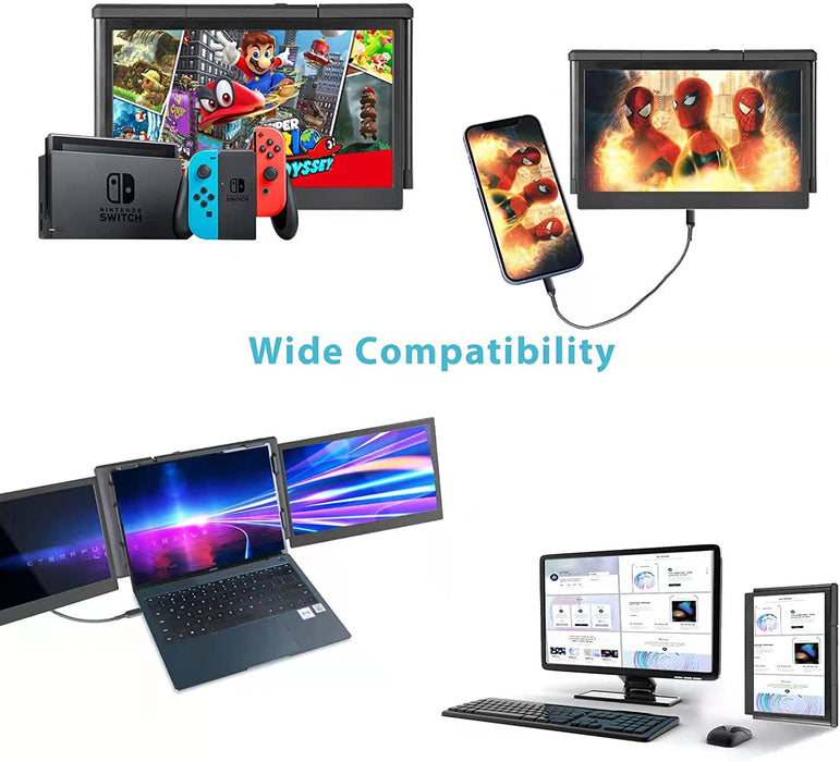 Tragbarer Monitor für Laptop, 13,3" Full HD IPS Display, Tri-Screen Monitor Screen Extender, HDMI/USB-A/Type-C Plug and Play für Windows Chrome & Mac, Funktioniert mit 13"-17" Laptops