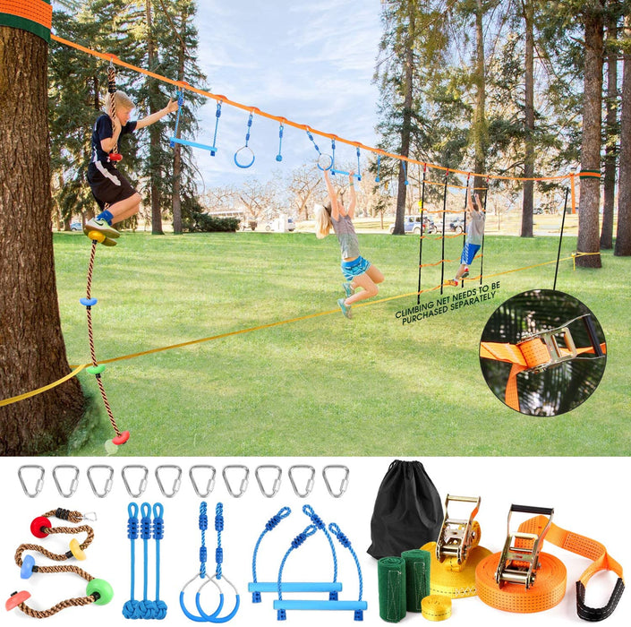 Slackline Set Kinder mit 15m Band und Gymnastikringe und Kletterseil Hindernisse Ratsche Ratschenschutz Baumschutz Trainingsgerät