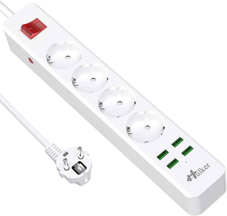 Steckdosenleiste mit USB, 10A Mehrfachsteckdose 4 Fach Steckdose 4 USB(5V/3.7A) mit Überlastschutz 1.6M Verlängerungskabel Mehrfachstecker