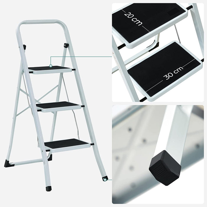 Klapptritt mit 3 Stufen, Trittleiter, Leiter, 20 cm breite Stufen, rutschfeste Gummimatten, mit Handlauf, bis 150 kg belastbar, weiß-schwarz