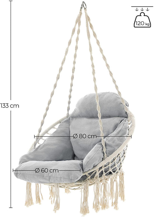 Hängesessel, Hängeschaukel, Hängestuhl mit einem dicken Kissen, bis 120 kg belastbar, für Garten, Balkon, Wohnzimmer, Terrasse, skandinavischer Stil