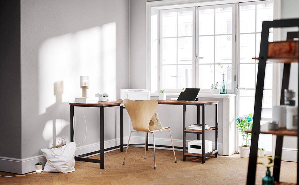 Schreibtisch, L-förmiger Computertisch, Eckschreibtisch mit 2 Ablagen, platzsparender Bürotisch im Industrie-Design, Gaming, einfacher Aufbau