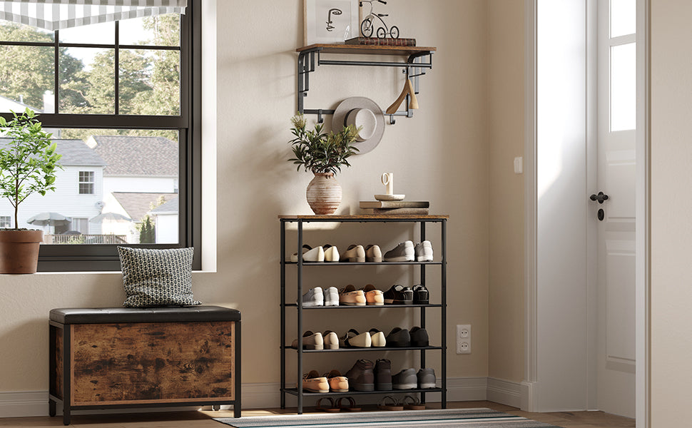 Wandgarderobe mit Ablage, Wandregal mit 5 abnehmbaren Haken, wandmontiertes Hängeregal mit Hängestange, für Flur, Schlafzimmer