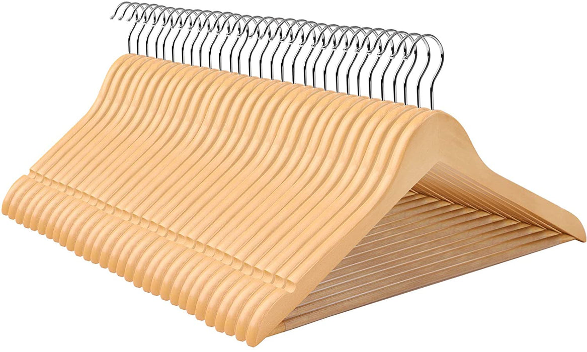 Kleiderbügel aus Massivholz, 30er Set, Holzbügel mit rutschfestem Hosensteg und Einkerbungen, um 360° drehbarer Haken, für Mäntel, Anzüge, Kleider