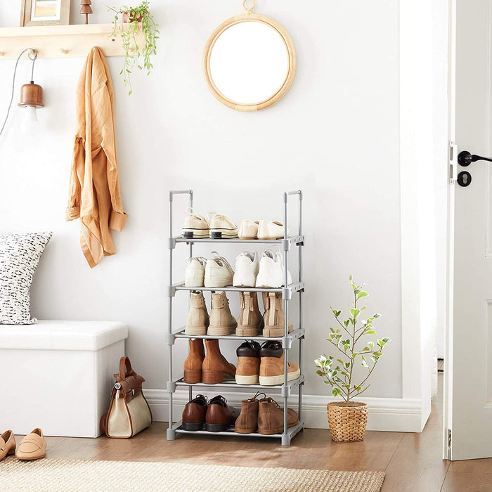 Schuhregal mit 5 Ebenen, Schuhständer aus Metall, stapelbar, platzsparend, Schuhaufbewahrung, multifunktional, Standregal, für Flur, Schlafzimmer